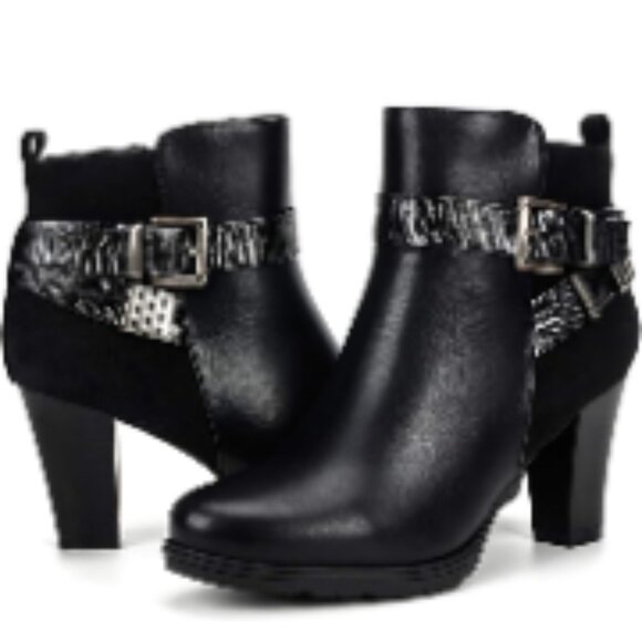 Women's Faux Leather Ankle Boots with Chunky Stacked Heel and Buckle Strap
